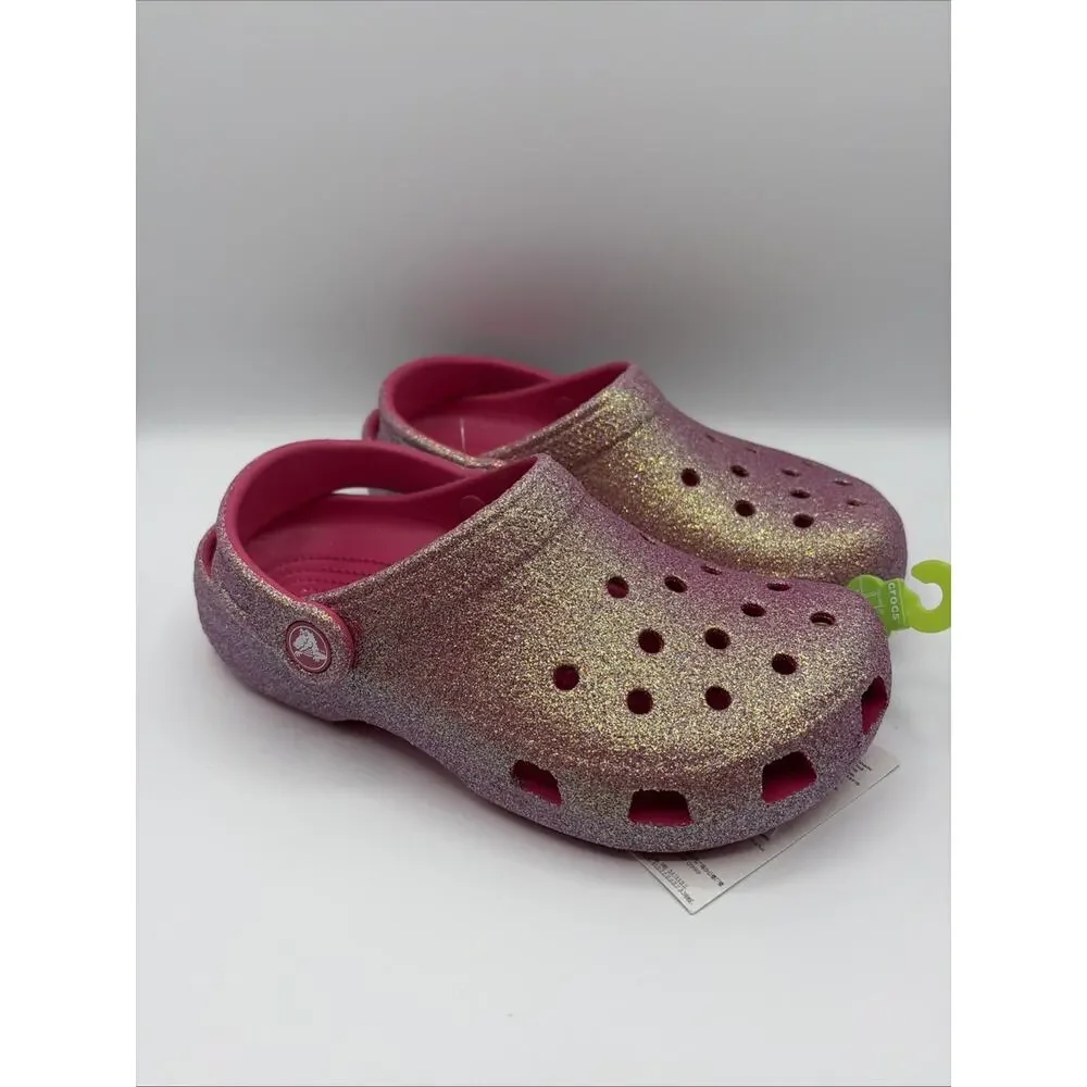 Crocs Classic Chunky Glitter Clog Iridescent Dragon Fruit Pink Kids Size J3 NWT